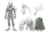  2boys absurdres armor breastplate cape claws fire full_armor gauntlets greaves green_cape green_fire helmet highres kan_(aaaaari35) monster multiple_boys open_mouth original pauldrons sharp_teeth sketch standing teeth vambraces 