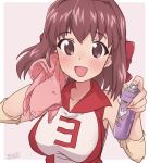  1girl :d artist_name bangs bird breasts brown_eyes brown_hair commentary dated duck elbow_pads english_text fanta_(the_banana_pistols) girls_und_panzer headband highres holding holding_towel kondou_taeko large_breasts logo looking_at_viewer medium_hair open_mouth outside_border pink_background pink_theme red_headband red_shirt shirt signature simple_background sleeveless sleeveless_shirt smile solo sportswear spray_can sweat towel volleyball_uniform wiping_sweat yellow_background 