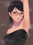  1girl absurdres arm_up armpits bangs bare_shoulders black_dress black_hair boruto:_naruto_next_generations breasts brown_background collarbone commentary dress glasses highres looking_at_viewer miru_(wvjc7832) naruto_(series) parted_lips red-framed_eyewear sharingan short_hair simple_background sleeveless sleeveless_dress small_breasts solo strapless strapless_dress sweat uchiha_sarada 