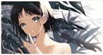  1girl bangs bare_shoulders black_hair collarbone commentary_request grey_eyes grey_nails grin hand_up highres index_finger_raised looking_at_viewer nail_polish original portrait rain revision short_hair smile sogawa solo strap_slip wet wet_hair 