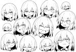  1girl blank_eyes blush brooch closed_eyes commentary_request expressions face fang greyscale grimace highres jewelry lineart monochrome multiple_views oninamako open_mouth pointy_ears remilia_scarlet short_hair simple_background slit_pupils smile sweatdrop touhou white_background 