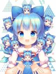  &gt;_&lt; 6+girls :3 :d ;d =_= ahoge blue_eyes blue_hair bow chibi chibi_on_head chibi_on_shoulder cirno closed_eyes eyebrows_visible_through_hair facing_viewer grin hair_bow ice ice_wings looking_at_viewer minigirl multiple_girls multiple_persona on_head on_shoulder one_eye_closed open_mouth person_on_head pjrmhm_coa short_hair short_sleeves sleeping smile touhou triangle white_background white_sleeves wings 