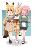 3girls :d ^_^ absurdres animal_ears bag bangs baozi black_footwear black_gloves black_shorts blonde_hair blush brown_coat brown_scarf closed_eyes coat commentary cross-laced_footwear eating elbow_gloves eyebrows_visible_through_hair ezo_red_fox_(kemono_friends) facing_another facing_viewer feeding food fox_ears fox_tail fringe_trim frown gloves green_jacket grocery_bag hand_on_another&#039;s_shoulder high-waist_skirt highres holding holding_bag jacket japari_symbol kemono_friends loafers long_hair miniskirt mouth_hold multiple_girls nana_(kemono_friends) ngetyan open_mouth outline outside_border pink_hair pink_scarf print_gloves print_scarf print_skirt scarf serval_(kemono_friends) serval_ears serval_print serval_tail shirt shoes shopping_bag short_hair shorts side_ponytail skirt sleeveless smile snow standing stone_floor sweatdrop tail thigh-highs white_footwear white_outline white_shirt winter_clothes yellow_legwear yellow_scarf yellow_skirt 