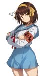  1girl absurdres armband breasts brown_eyes brown_hair crossed_arms eyebrows_visible_through_hair hairband head_tilt highres kita_high_school_uniform looking_at_viewer medium_breasts sailor_collar school_uniform short_hair signature skirt smile solo suzumiya_haruhi suzumiya_haruhi_no_yuuutsu takaraizu white_background 