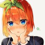  1boy blue_eyes blush bow clover go-toubun_no_hanayome hair_bow hands_on_own_face highres male_focus nakano_yotsuba orange_hair short_hair simple_background solo upper_body yuno_(suke_yuno) 