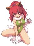  1girl animal_ears cat_ears cat_tail claws cleavage_cutout eyebrows_visible_through_hair fangs full_body fur green_leotard highleg highres leotard long_hair looking_at_viewer navel navel_cutout perisie_(star_ocean) pink_eyes pink_hair simple_background slit_pupils solo squatting star_ocean star_ocean_first_departure tail tongue tongue_out white_background 