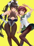  2girls arm_up ass_visible_through_thighs azur_lane black_hair black_legwear blush bow breasts brown_eyes brown_hair cleavage_cutout commentary_request covered_navel crossover detached_sleeves elbow_gloves eyebrows_visible_through_hair gloves green_sailor_collar green_skirt hair_between_eyes hair_bow hair_flaps hair_ornament hand_on_hip highres kantai_collection large_breasts leotard long_hair looking_at_viewer multiple_girls mutsuki_(kantai_collection) open_mouth pantyhose pleated_skirt ponytail racequeen remodel_(kantai_collection) sailor_collar school_uniform serafuku short_hair simple_background skin_tight skirt small_breasts smile takao_(azur_lane) tarou_(user_tpmh7442) thighs very_long_hair white_bow white_gloves yellow_background 