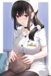  1boy 1girl bangs black_choker black_legwear blush breasts brown_hair choker commentary_request eyebrows_visible_through_hair hair_between_eyes hair_ornament highres kfr lap_pillow large_breasts long_hair nurse original pantyhose short_hair short_sleeves smile solo_focus violet_eyes 