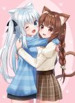 2girls :d ;d animal_ear_fluff animal_ears anz32 bad_pixiv_id bangs black_bow blue_eyes blush bow braid breasts brown_eyes brown_hair brown_skirt cat_ears cat_girl cat_tail commentary_request cowboy_shot eyebrows_visible_through_hair fang flower hair_between_eyes hair_bow hair_flower hair_ornament hug juliet_sleeves long_hair long_sleeves multiple_girls one_eye_closed open_mouth original pink_background pink_flower plaid plaid_skirt puffy_sleeves shirt silver_hair skirt small_breasts smile striped striped_shirt tail tail_raised twin_braids twintails twitter_username two-tone_background very_long_hair white_shirt