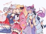  4girls animal_ears artist_name bag bell blonde_hair blue_hair blush bow bowtie breasts brown_eyes cat_ears cat_girl cat_tail cheek-to-cheek closed_eyes commentary_request copyright_name dated delmin_(show_by_rock!!) dress drill_hair fang flower fox_ears fox_girl fox_tail hair_flower hair_ornament hair_ribbon holding_hands howan_(show_by_rock!!) hug hug_from_behind jacket jingle_bell large_breasts long_hair mashima_himeko_(show_by_rock!!) multiple_girls nail_polish oni_horns open_mouth pnd_pon purple_hair ribbon ruhuyu_(show_by_rock!!) satchel show_by_rock!! simple_background skirt smile tail thigh-highs very_long_hair white_background white_hair wolf_ears wolf_girl wolf_tail yuri 