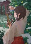  1girl bridge brown_hair highres japanese_clothes leaf looking_to_the_side looking_up miko original river sketch smile snow solo twintails upper_body xilmo 