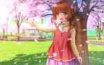  1girl bench brown_hair cardcaptor_sakura cherry_blossoms clouds day green_eyes highres kinomoto_sakura lamppost mutsuki_(moonknives) open_mouth outdoors park park_bench petals short_hair sky solo spring_(season) tree 