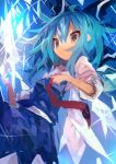  1girl absurdres bangs blue_background blue_bow blue_dress blue_eyes blue_hair bow cirno dress hair_between_eyes hair_bow highres ice ice_wings kaamin_(mariarose753) red_neckwear short_hair solo sparkle touhou wings 