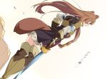  1girl animal_ears brown_gloves brown_hair brown_legwear commentary_request from_behind gloves holding holding_sword holding_weapon long_hair raccoon_ears raccoon_girl raccoon_tail raphtalia solo standing sword tail tate_no_yuusha_no_nariagari thigh-highs umanosuke weapon 