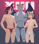  3boys abs animal_ear_fluff bikini_briefs black_briefs blonde_hair briefs brown_eyes brown_hair cat_boy cat_tail choker cropped_legs crossed_arms demon_boy demon_horns demon_tail demon_wings extra fatherlobin fundoshi grey_skin hand_on_hip hands_on_hips highres horn horns ishuzoku_reviewers japanese_clothes male_focus male_underwear monster_boy multiple_boys neon_lights nipples orange_eyes pointy_ears red_fundoshi redhead tail toned toned_male underwear underwear_only white_briefs wings 