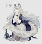  1girl absurdres animal_ear_fluff animal_ears aqua_eyes arknights bell black_cloak braid cloak commentary_request cubies_(tiger_205) grey_background grey_hair hands_up headpiece highres interlocked_fingers jewelry kneeling leopard_ears leopard_tail long_hair necklace open_mouth pramanix_(arknights) simple_background solo tail toy_mouse turtleneck twin_braids very_long_hair 