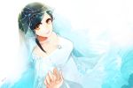  1girl artist_name black_hair bridal_veil brown_eyes dress flower hisato_ar holding_hands honzuki_no_gekokujou jewelry looking_at_viewer maine_(honzuki_no_gekokujou) necklace simple_background smile standing veil wedding_dress white_background white_dress white_flower 