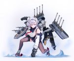  1girl arescr artist_name azur_lane black_legwear blue_eyes blue_skirt breasts cannon closed_mouth commentary determined electricity english_commentary gauntlets highres jacket large_breasts off_shoulder one_knee pantyhose pleated_skirt red_neckwear reno_(azur_lane) rigging rudder_footwear silver_hair skirt solo standing standing_on_liquid superhero_landing torn_clothes torn_legwear v-shaped_eyebrows 