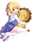  1girl :d bangs bashen_chenyue belt black_belt black_ribbon blonde_hair blue_dress blush collared_shirt dress eyebrows_visible_through_hair feet from_side full_body girlish_number hair_ribbon hair_rings highres holding holding_stuffed_animal long_sleeves looking_at_viewer looking_to_the_side neck_ribbon no_shoes open_mouth ribbon shadow shirt sleeveless sleeveless_dress smile soles solo sonou_momoka stuffed_animal stuffed_lion stuffed_toy thigh-highs twintails violet_eyes white_background white_legwear white_shirt 