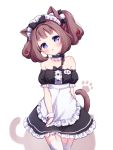  1girl :o animal_ear_fluff animal_ears apron bare_shoulders black_dress blue_eyes blush bow brown_hair cat_ears cat_girl cat_tail choker cuffs dress garter_straps hair_bow head_tilt highres long_hair looking_at_viewer maid maid_headdress original parted_lips puffy_short_sleeves puffy_sleeves ribbon short_sleeves simple_background solo strapless strapless_dress tail thigh-highs tokenbox two_side_up white_apron white_background white_legwear 