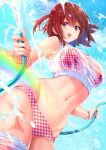  1girl bangs bikini blue_sky bracelet brown_hair checkered checkered_bikini commentary crop_top day droplet holding holding_hose jewelry looking_at_viewer navel open_mouth original outdoors rainbow red_bikini shirt short_hair skindentation sky sleeveless sleeveless_shirt smile solo standing swimsuit swimsuit_under_clothes two_side_up ukamaru water white_shirt 