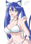  1girl albireo_(yumekui_merry) animal_ear_fluff animal_ears bare_shoulders bikini blue_hair breasts cat_ears cat_tail collarbone commentary cototiworld dated fang large_breasts midriff navel open_mouth signature simple_background solo swimsuit tail under_boob white_background white_bikini yellow_eyes yumekui_merry 