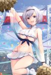  1girl :d arm_up armlet azur_lane bare_shoulders boots breasts cheerleader commentary crop_top crop_top_overhang grey_hair groin hairband highres holding_pom_poms joko_jmc large_breasts leg_up looking_at_viewer midriff miniskirt navel open_mouth pleated_skirt reno_(azur_lane) reno_(biggest_little_cheerleader)_(azur_lane) see-through shirt short_hair skirt sleeveless sleeveless_shirt smile solo stomach thighs under_boob violet_eyes white_shirt white_skirt 