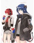  2girls arknights belt belt_pouch black_jacket black_shirt black_shorts blue_eyes blue_hair breasts closed_mouth cowboy_shot demon_tail drink drinking drinking_straw exusiai_(arknights) fur-trimmed_jacket fur_trim gloves grey_background halo hand_in_pocket headphones highres hood hooded_jacket jacket koio long_hair looking_at_viewer mostima_(arknights) multiple_girls pouch profile red_eyes red_scarf redhead scarf shirt short_hair short_shorts shorts simple_background small_breasts smile straight_hair strap striped striped_scarf tail thighs turtleneck white_gloves white_jacket white_shirt white_shorts 