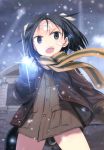  1girl absurdres animal_ears bandaid bandaid_on_face black_eyes black_hair brave_witches clenched_hand clouds cloudy_sky cowboy_shot dog_ears dog_tail gloves highres jacket kanno_naoe looking_at_viewer official_art scan scarf shimada_fumikane sky snow solo sparkle striped striped_scarf tail wind world_witches_series 