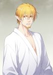  1boy blonde_hair earrings facial_hair gradient gradient_background grey_background highres jewelry male_focus pixiv_fantasia pixiv_fantasia_age_of_starlight pointy_ears robe shima108 simple_background solo trade_king_farid upper_body yellow_eyes 