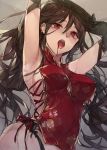  armpits arms_up black_gloves blood blood_from_mouth breasts china_dress chinese_clothes consort_yu_(fate) dress earrings fate/grand_order fate_(series) garter_belt gloves highres jewelry large_breasts red_eyes sideboob vampire yok01 