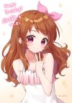  1girl aikatsu! aikatsu!_(series) aikatsu_on_parade! anz32 bare_arms bare_shoulders blush braid brown_background brown_hair character_name closed_mouth commentary_request crown_braid dated dress gradient gradient_background hair_ribbon hand_up happy_birthday long_hair oozora_akari pink_ribbon ribbon sleeveless sleeveless_dress smile solo sparkle twitter_username violet_eyes white_background white_dress 