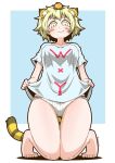  1girl alternate_costume animal_ears blonde_hair fang food food_on_head fruit fruit_on_head looking_at_viewer mandarin_orange object_on_head panties shirt shirt_lift solo striped striped_panties t-shirt tail tiger_ears tiger_tail toramaru_shou touhou underwear yellow_eyes zannen_na_hito 