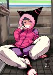  1girl barefoot black_hair bokkusu breasts closed_mouth coffee drill_hair han_juri leggings looking_at_viewer nail_polish short_hair solo street_fighter street_fighter_iv_(series) toeless_legwear twin_drills violet_eyes 