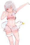  1girl absurdres arm_up bangs bare_arms bare_shoulders bikini blush closed_mouth dokomon eyebrows_visible_through_hair frilled_bikini frills grey_hair hair_between_eyes hair_ornament hair_over_shoulder hand_on_own_shoulder hand_up heart heart_hair_ornament highres honkai_(series) honkai_impact_3rd innertube navel one_eye_closed outstretched_arm pink_bikini red_eyes simple_background sketch solo swimsuit theresa_apocalypse theresa_apocalypse_(luna_kindred) white_background 