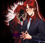  1boy aura black_jacket blazer brown_eyes collared_shirt eyes_in_shadow glitch grin hands_on_own_face highres ichijou_seiya interlocked_fingers jacket kaiji long_hair long_sleeves looking_at_viewer male_focus medium_bangs necktie parted_bangs red_shirt redhead shirt smile suit upper_body white_necktie zhaiju2 