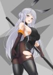  1girl absurdres animal_ears arknights ass bangs bare_shoulders belt black_belt black_legwear black_shirt blush breasts brown_gloves brown_legwear chinese_commentary commentary_request cowboy_shot elbow_gloves gloves grey_background grey_eyes grey_skirt highres holding large_breasts lazgear long_hair looking_at_viewer miniskirt open_mouth pantyhose pencil_skirt rabbit_ears savage_(arknights) shirt side_slit sideboob silver_hair skindentation skirt sleeveless sleeveless_shirt solo standing thigh-highs thighband_pantyhose thighs torn_clothes torn_legwear very_long_hair 