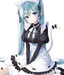  1girl absurdres animal_ears artist_request between_legs blue_eyes blue_hair blush breasts cake cat_ears cat_tail commentary expressionless flower food frills fruit hair_ribbon hand_between_legs hatsune_miku highres kemonomimi_mode large_breasts long_hair looking_at_viewer maid maid_headdress mary_janes moka_01 ribbon shirt shoes sitting socks solo strawberry striped striped_shirt tail tail_ribbon twintails v_arms very_long_hair vocaloid wariza white_background yokozuwari 