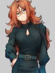  1girl alternate_costume android_21 belt blue_eyes cleavage_cutout closed_mouth dragon_ball dragon_ball_fighterz glasses grey_background hand_on_hip kemachiku long_hair long_sleeves looking_at_viewer redhead simple_background solo 