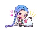  1girl arm_tattoo belt belt_buckle black_eyes black_footwear blue_hair blush blush_stickers braid buckle gradient gradient_hair heart jinx_(league_of_legends) league_of_legends leg_tattoo long_hair looking_at_another multicolored_hair nose_blush open_mouth petting poro_(league_of_legends) purple_hair simple_background sitting standing tattoo tongue tongue_out twintails violet_eyes white_background wosashimi 