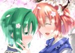  2girls absurdres bangs blush cherry_blossoms closed_eyes commentary_request face-to-face from_side green_eyes green_hair highres multiple_girls no_headwear onozuka_komachi open_mouth petals profile redhead shiki_eiki short_hair smile touhou twitter_username yuri yuuki_eishi 
