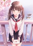  1girl animal bangs bird black_sailor_collar black_skirt blurry blurry_background blush brown_eyes brown_hair cherry_blossoms collarbone commentary_request day depth_of_field duck envelope eyebrows_visible_through_hair flower hair_ribbon heart highres holding holding_envelope long_hair long_sleeves looking_at_viewer love_letter neckerchief open_mouth original outdoors petals pink_flower pink_ribbon pleated_skirt railing red_neckwear ribbon sailor_collar school_uniform serafuku shirt skirt sleeves_past_wrists solo twintails white_shirt yukimaru217 