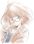  1girl bokkusu brown_hair cardigan closed_mouth glasses kuriyama_mirai kyoukai_no_kanata looking_at_viewer red-framed_eyewear school_uniform short_hair simple_background solo white_background 