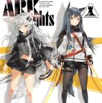  2girls animal_ears arknights bare_legs black_capelet black_coat black_gloves black_hair black_legwear black_shorts blue_eyes breasts capelet closed_mouth coat copyright_name cowboy_shot english_text engrish_text expressionless facepaint fingerless_gloves gloves hair_between_eyes hair_ornament hairclip highres jacket katana lappland_(arknights) legwear_under_shorts logo long_sleeves looking_at_viewer medium_breasts midriff multiple_girls name_tag orange_eyes pantyhose parted_lips ranguage shadow short_shorts shorts side-by-side silver_hair simple_background smile standing star straight_hair strap sword tail texas_(arknights) thigh_strap thighs two-tone_background weapon white_background white_jacket wide_sleeves wolf_ears wolf_tail xiye yellow_background 