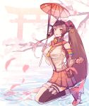  1girl :d bare_shoulders black_legwear breasts brown_hair cherry_blossoms from_side full_body headgear holding holding_umbrella kantai_collection kasumi_(skchkko) large_breasts long_hair looking_at_viewer open_mouth oriental_umbrella ponytail single_thighhigh sitting smile solo thigh-highs torii umbrella yamato_(kantai_collection) 