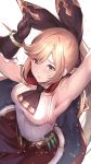 1girl armpits arms_up bangs belt black_gloves black_ribbon blonde_hair blush bracelet breasts cape clarisse_(granblue_fantasy) gloves granblue_fantasy green_eyes highres ikusaneko jewelry lips long_hair looking_at_viewer medium_breasts open_mouth parted_lips ponytail red_skirt ribbon sideboob simple_background skirt solo swept_bangs test_tube white_background 