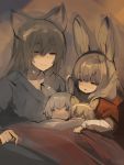  1girl 3boys animal_ears bangs blush closed_eyes family fang father_and_son fox_ears hair_between_eyes highres long_hair mother_and_son multiple_boys open_mouth original rabbit_ears shirokujira sketch sleeping smile 