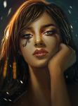  1girl artist_name backlighting brown_eyes chin_rest dark_skin eye_of_horus face facial_tattoo hair_tubes lips lipstick makeup nose overwatch pharah_(overwatch) portrait realistic seonmuriya side_braids solo tattoo thick_eyebrows 