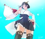  1girl black_hair black_skirt boots dated from_below glasses hand_on_hip headgear kantai_collection kirishima_(kantai_collection) looking_down nontraditional_miko pleated_skirt remodel_(kantai_collection) ribbon-trimmed_sleeves ribbon_trim shishanmo short_hair skirt smile solo thigh-highs thigh_boots wide_sleeves 