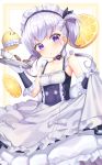  1girl apron arm_up azur_lane belchan_(azur_lane) belfast_(azur_lane) blue_dress blue_gloves braid cup dress dress_lift elbow_gloves food fruit gloves highres holding lemon lifted_by_self long_hair maid maid_headdress manjuu_(azur_lane) mannaku purple_hair side_ponytail skirt_hold teacup tray two-tone_gloves violet_eyes waist_apron white_apron white_gloves 